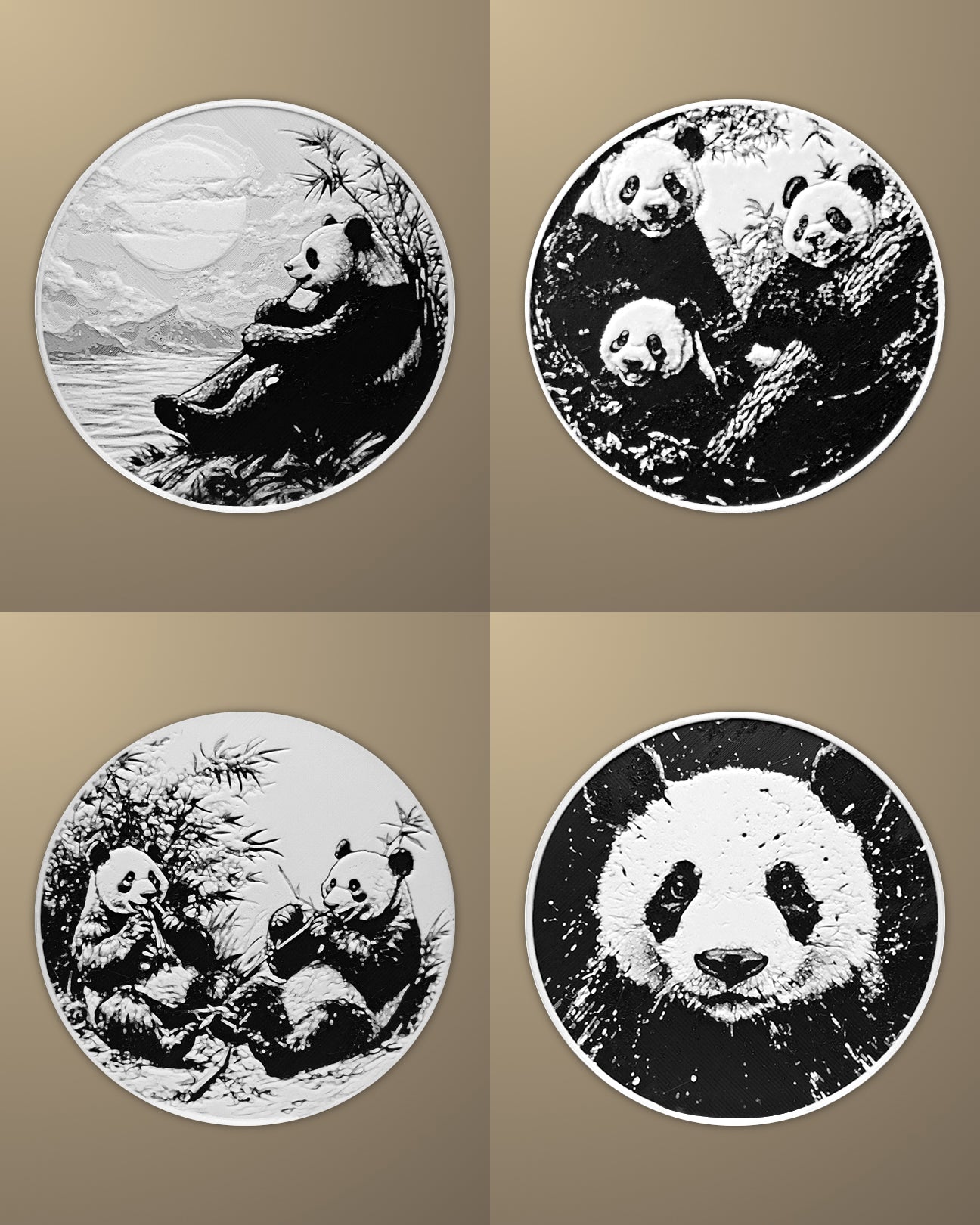 סט 4 תחתיות לכוסות - פנדות - פרפקט תלת - מימד