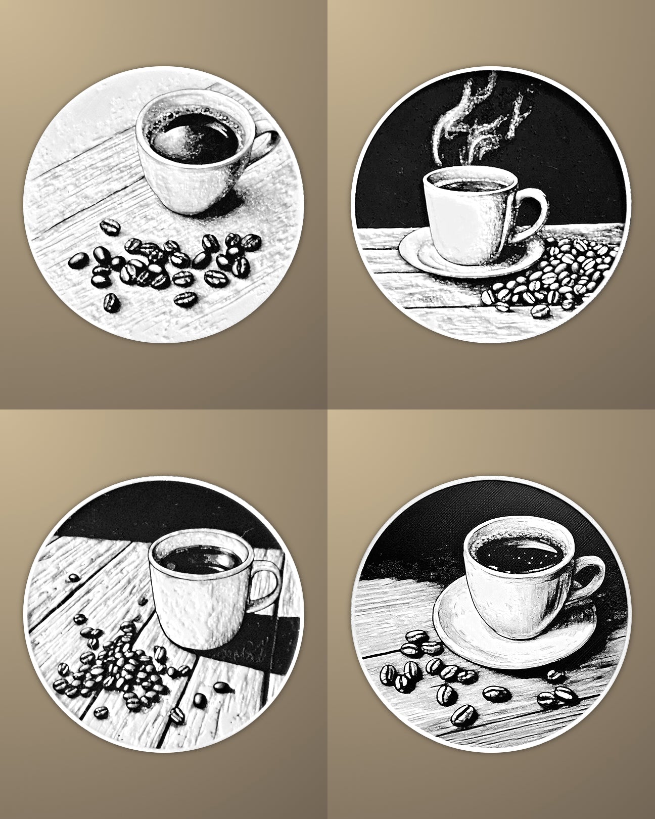 סט 4 תחתיות לכוסות - שעת קפה - פרפקט תלת - מימד