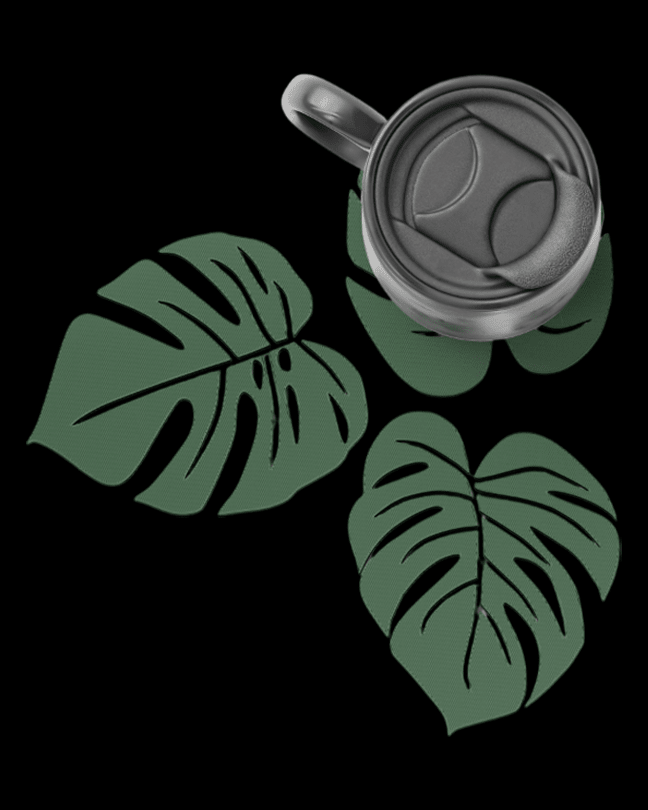 סט 3 תחתיות לכוסות - עלי ג’ונגל - פרפקט תלת - מימד