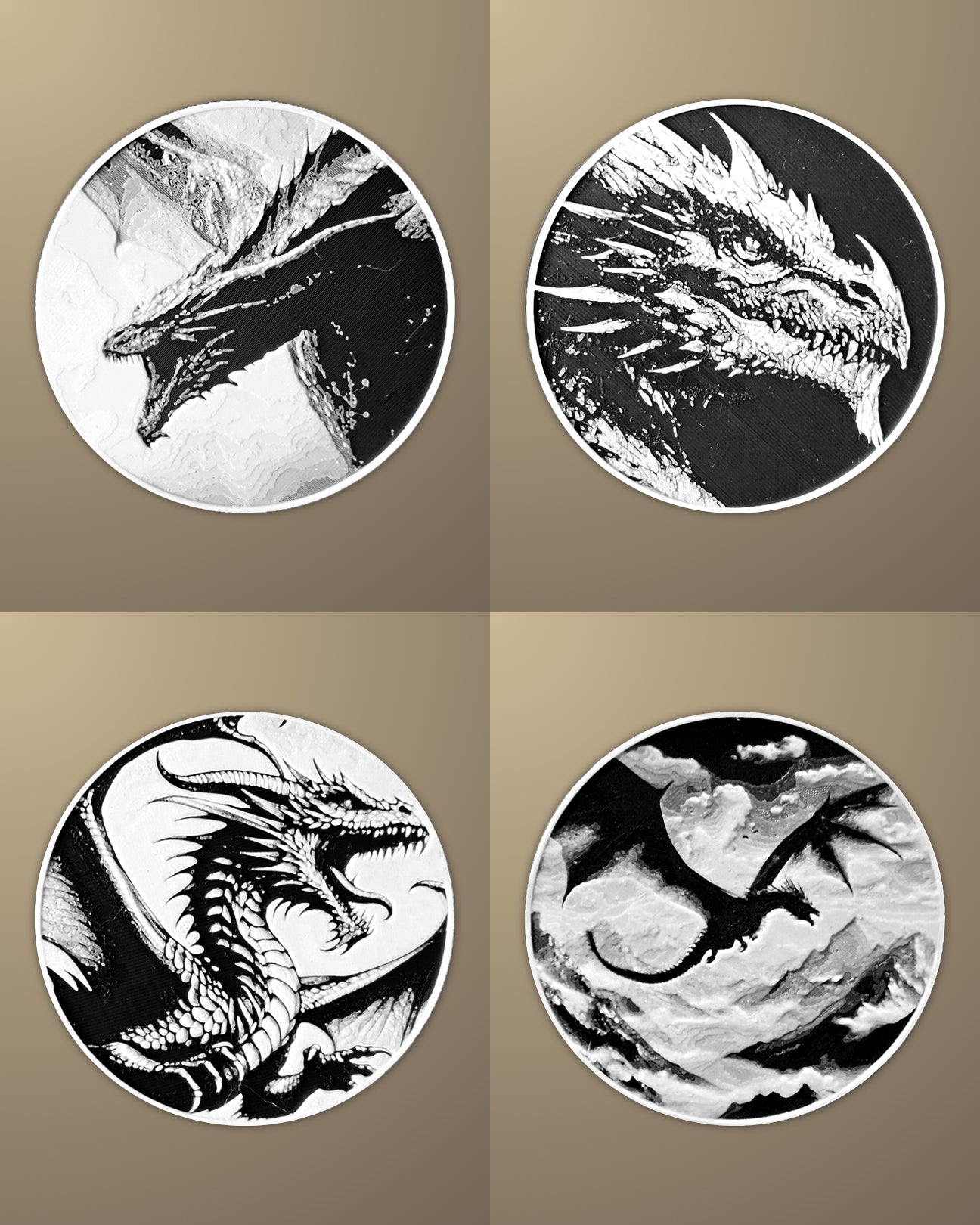 סט 4 תחתיות לכוסות - דרקונים - פרפקט תלת - מימד