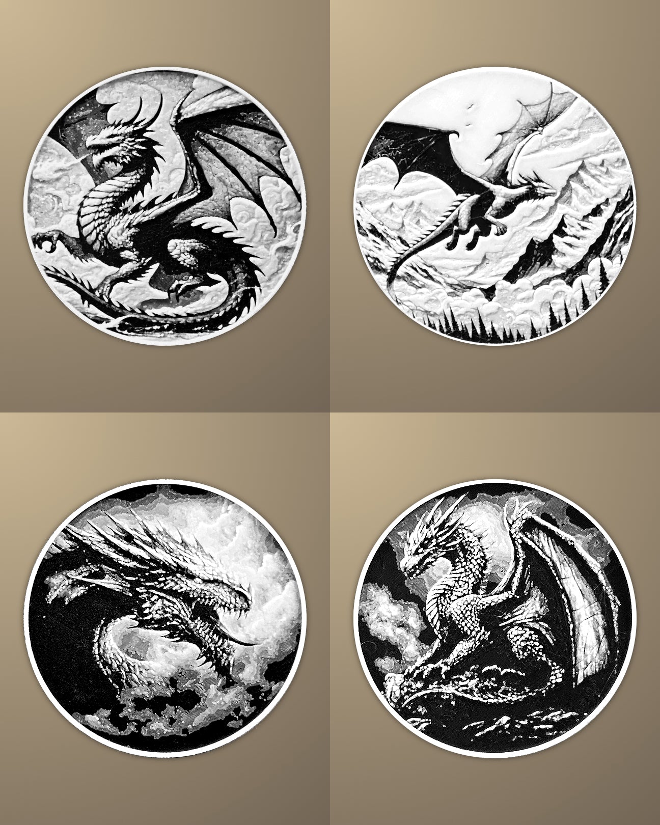 סט 4 תחתיות לכוסות - דרקונים - פרפקט תלת - מימד