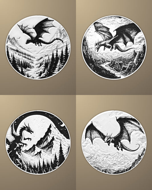 סט 4 תחתיות לכוסות - דרקונים - פרפקט תלת - מימד