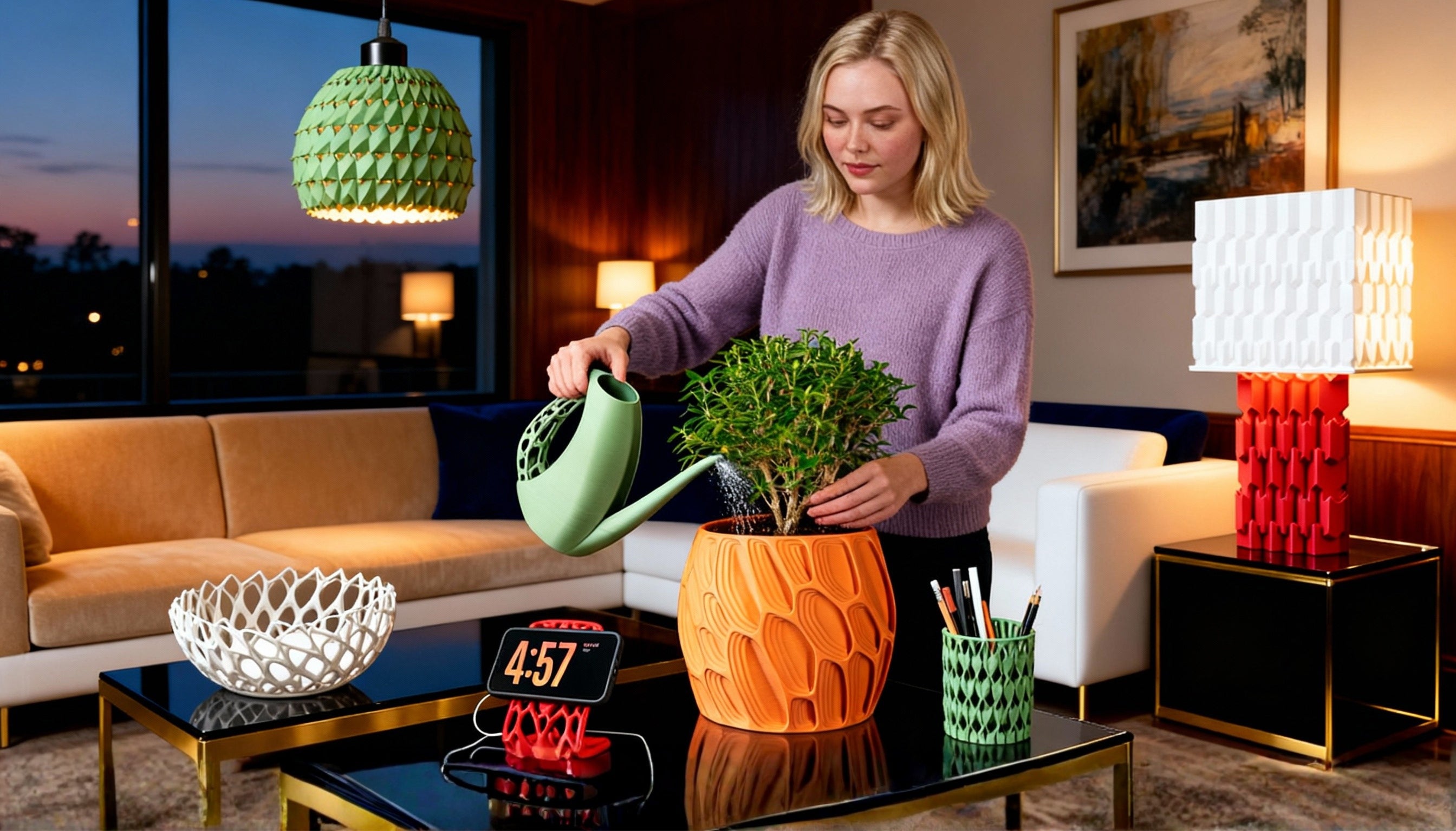 סלון מודרני עם ואזות ואגרטלים תלת-ממדיים בעיצוב של המעצב MODERN MACHINE, אורגני וצבעוני, לצד מנורת שולחן גבוהה בעיצוב גאומטרי. פרפקט תלת-מימד.